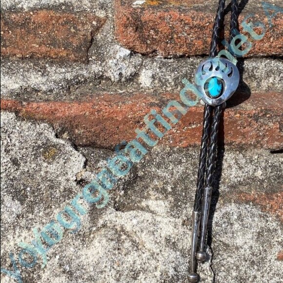 Vintage Sterling SIlver Bear Track Shadowbox Bolo Tie with Turquoise - Picture 4 of 6